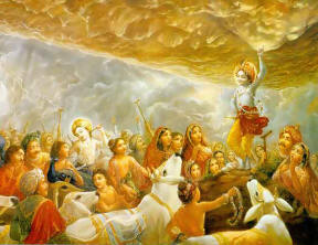 Krishna lifts the Govardhan mountain with one finger